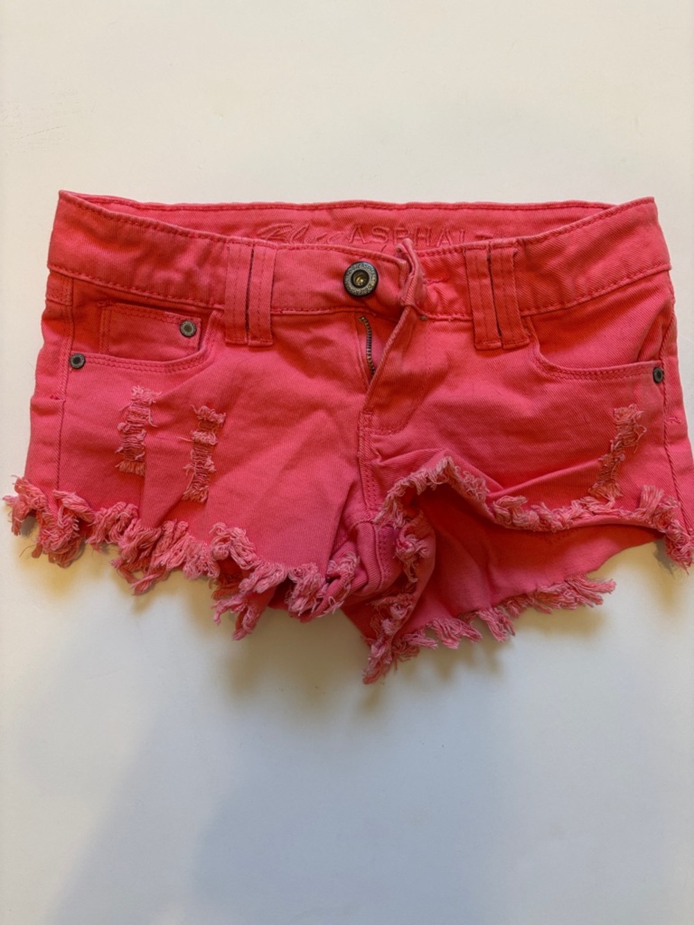 Blue Asphalt Coral Pink Distressed Denim Shorts